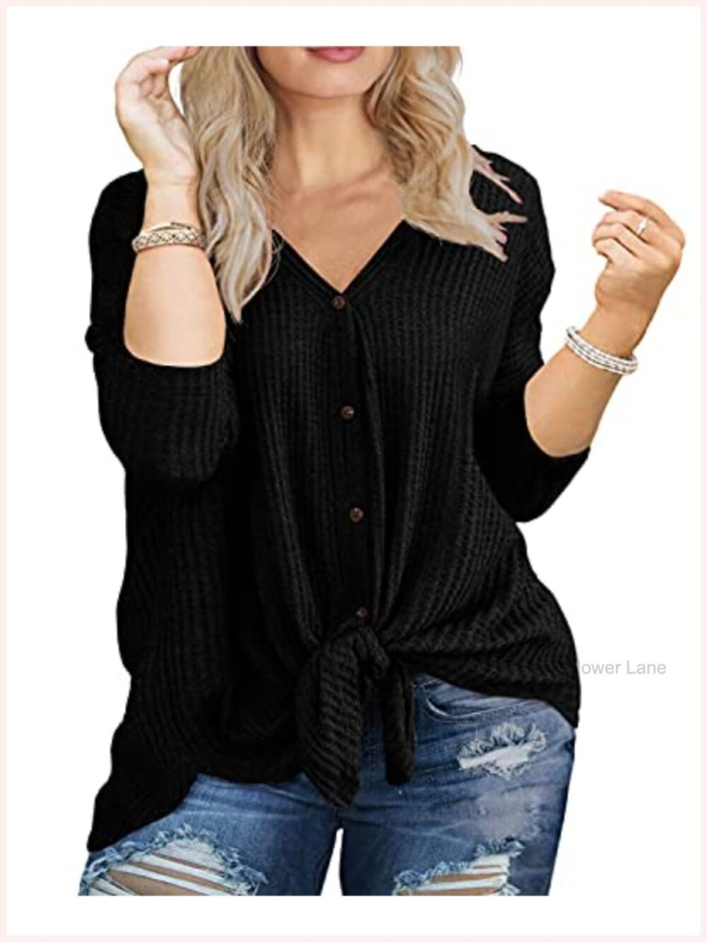 Plus Size Waffle Knit Tunic Top Long Sleeve V Neck Button Up Tie Front